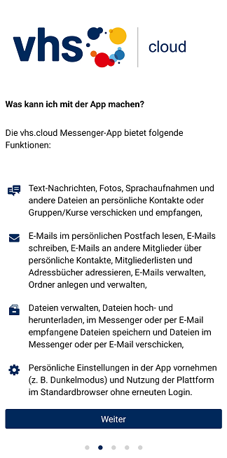 Ein Screenshot der Startseite der vhs.cloud Messenger App auf dem die verschiedenen Funktionen zu sehen sind